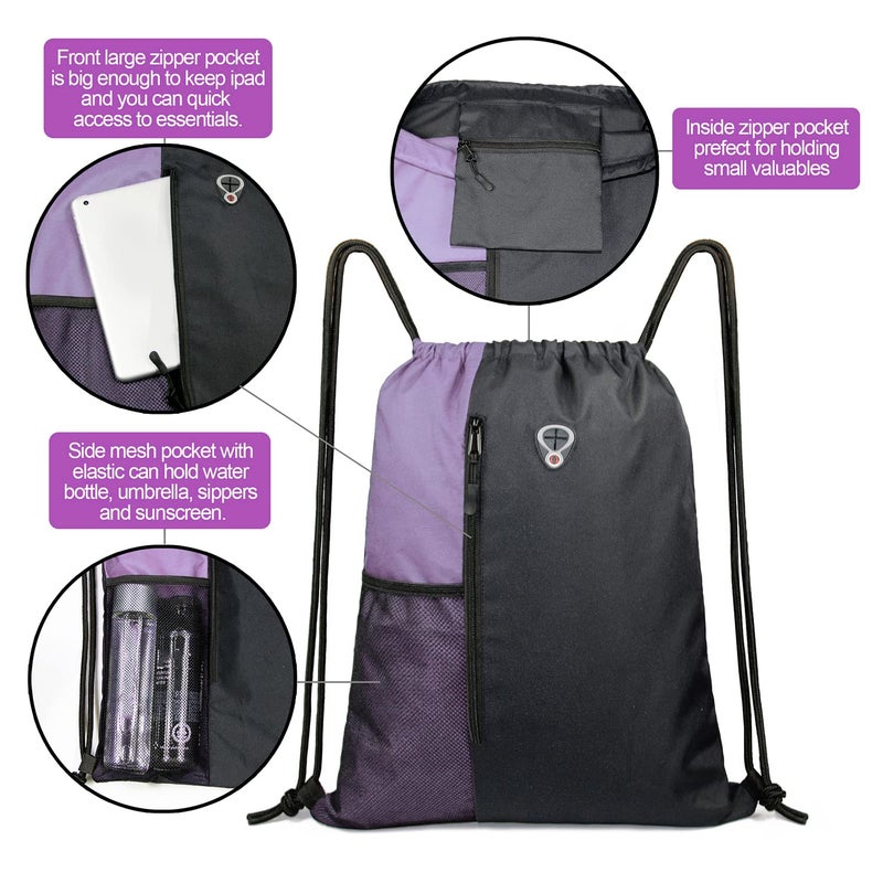 BeeGreen حقيبة ظهر رياضية بيجرين ليلك بحبل سحب للنساء والرجال بحجم كبير حقيبة رياضية مع سحاب وجيوب شبكية لزجاجة الماء - Image 5